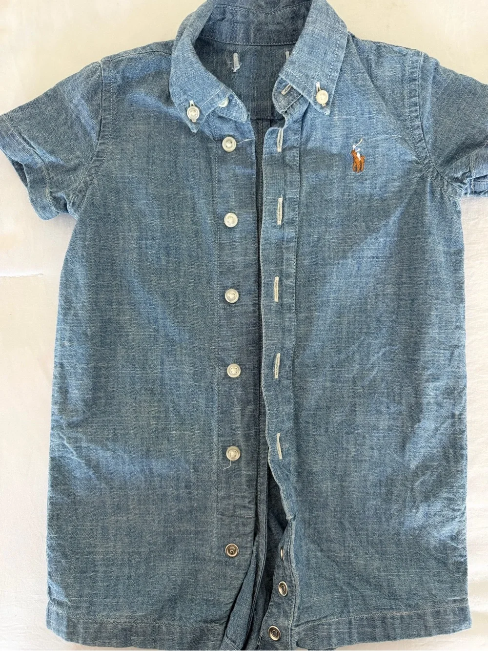 Ralph Lauren 6m Light Blue Denim Button‑Front Short‑Sleeve Romper